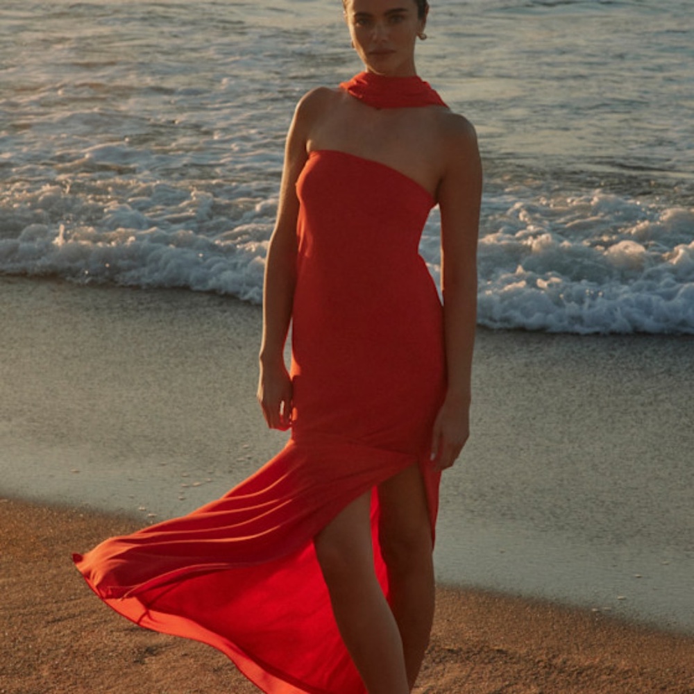 Lulus Rawya Red Orange Strapless Maxi Dress And Scarf Set - Size XL